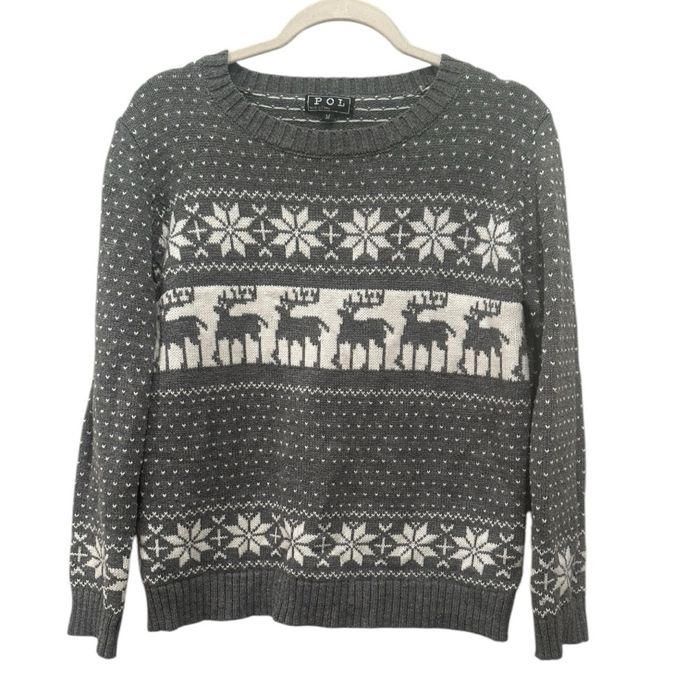 POL Gray Reindeer Snowflake Sweater Christmas Holidays Cozy Festive Sz M